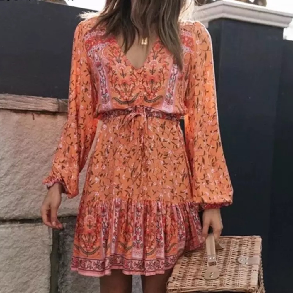 NWT Aurora Boho Gypsy Floral Orange Tunic Mini Dress